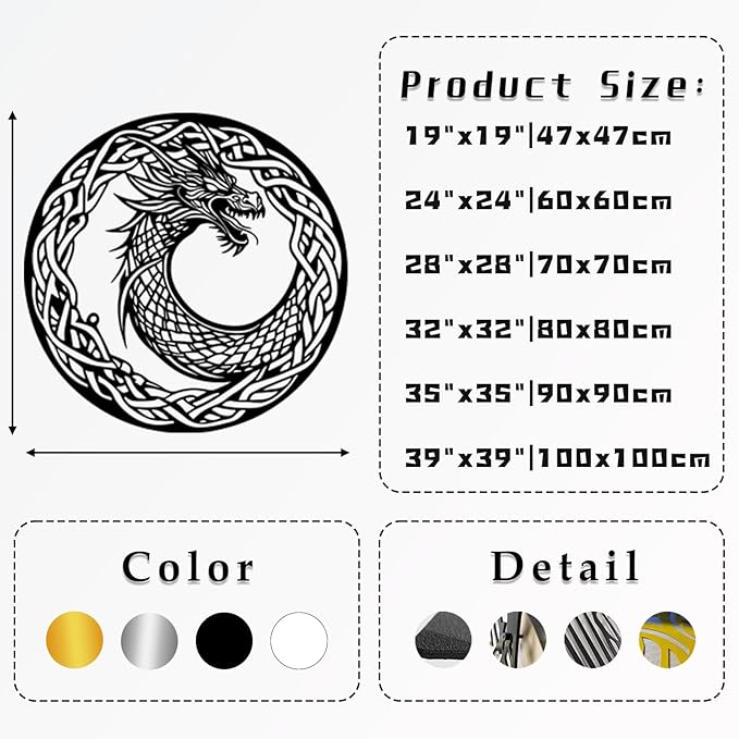 Viking Ouroboros Metal Wall Art, Viking Metal Wall Decor, Celtic Knot Wall Hanging, Nordic Dragon Decor, Scandinavian Sign, Vegvisir Art, Norse Mythology Home Decor (Black, 24"x24"|60x60cm)