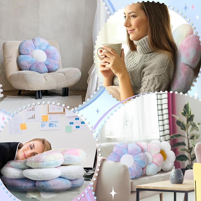 Sratte 3 Pcs Flower Pillows Flower Shaped Throw Pillow Cute Daisy Pillow Seating Cushions for Adults Home Bedroom Sofa Chair Couch Decor(Dazzling Color,White,16")