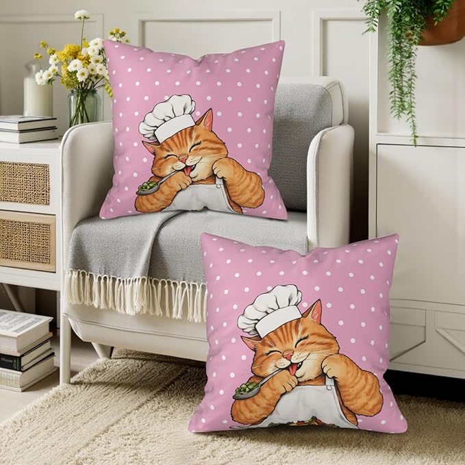 Cat Pillow Covers 22x22 - Polka Dot Pillowcase Set of 2 Pink Kitten Cushion Covers for Sofa Couch Bed