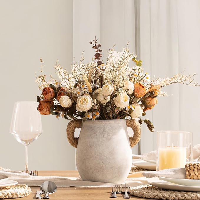 Ceramic Flower Vase Home Decor - 7.1 Inch White Rustic Table Flowers Vases Living Room Bedroom Plant Decoration Modern Farmhouse Vintage for Kitchen Shelf Office Coffee Dining Desk House Women