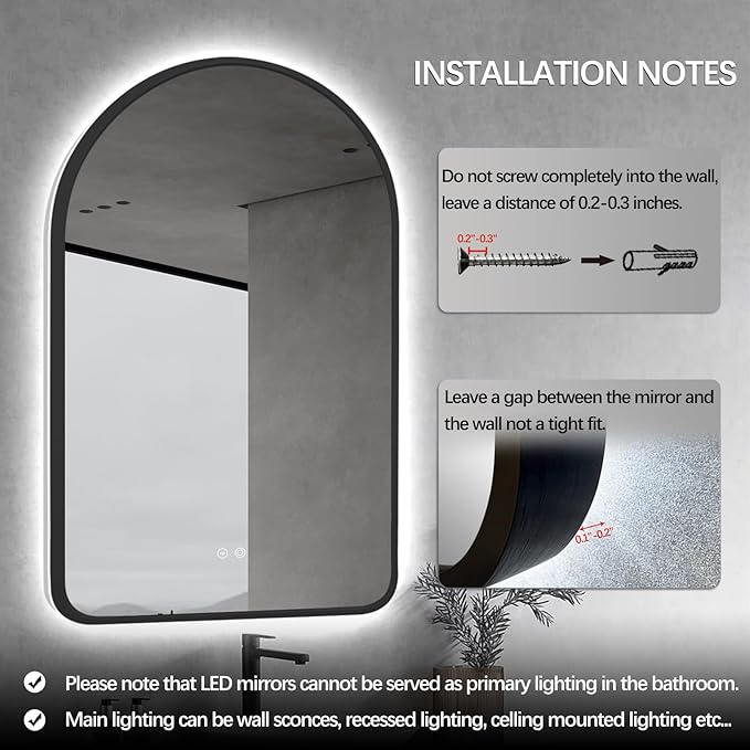 30"x20" Arched LED Bathroom Mirror, Wall Mounted Backlit Mirror with Lights Fog Free Lighted Framed Mirror Smart Anti-Fog 3 Color Temperatures Adjustable Brightness Black