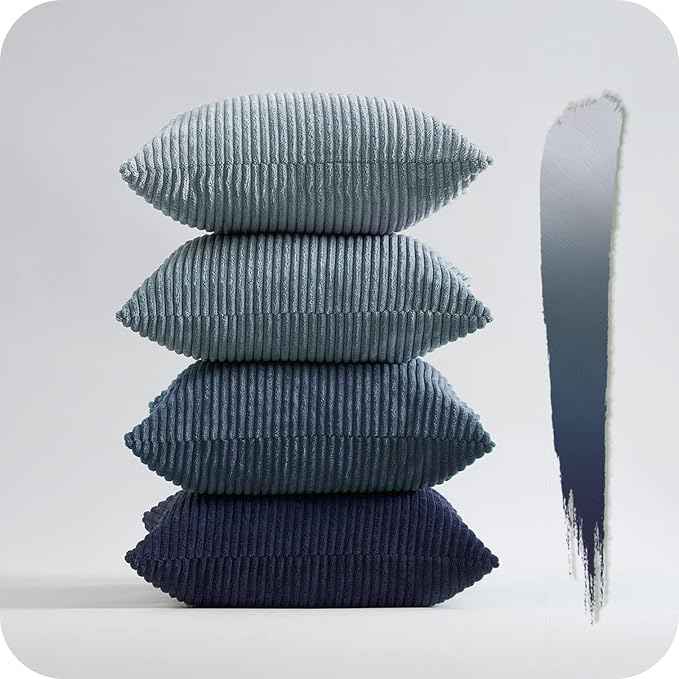 Topfinel Decorative Throw Pillow Covers Dusty Blue Navy Series 18x18 Inch Set of 4,Summer Corduroy Striped Toss Pillows for Couch,Patio,Balcony,Children Bedroom,Modern Fluffy Blue Gradient Shams
