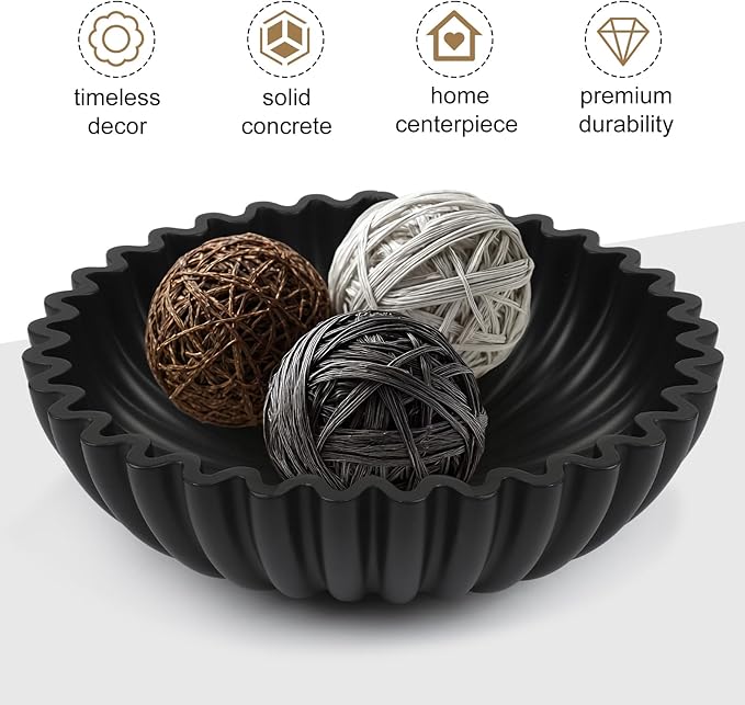 Large Decorative Bowl for Home Decor - Centerpiece for Coffee Table,Dining Table,Kitchen, Entryway Key bowl & Fruit Display - Modern Concrete Stone Design (Black)
