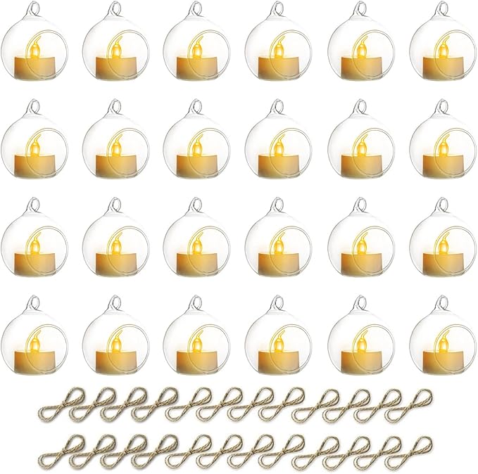 NUPTIO Hanging TeaLight Candle Holder: 24Pcs 2.36in Tree Tea Light Holders with LED Candles Small Glass Globes Ornament Clear Round Mini Terrarium Containers for Wedding Party Tree Decoration
