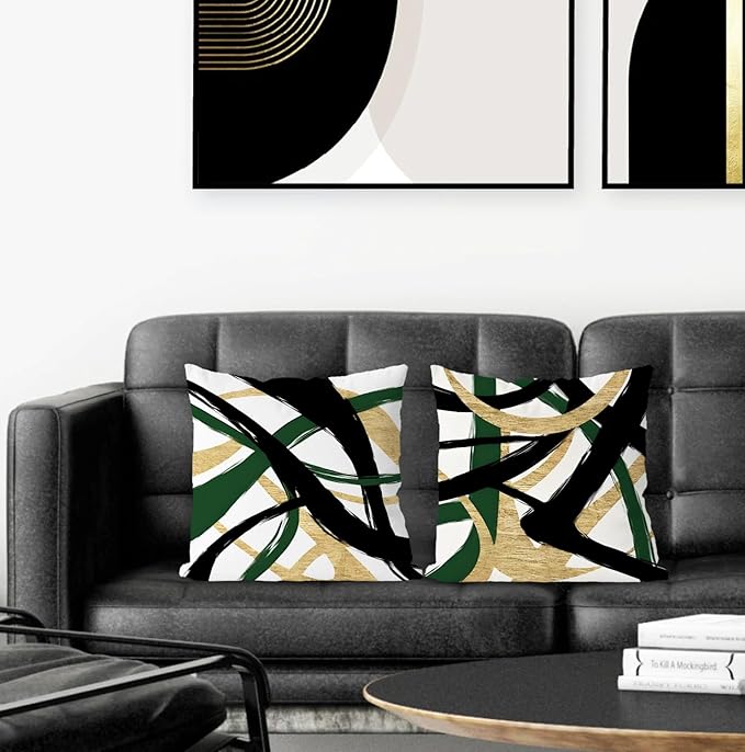 Black Gold and Green Pillow Covers, Abstract Black and Gold Pillow Covers 20x20 Set of 2, Modern Boho Decorative Throw Pillows Cover for Couch Bed Living Room