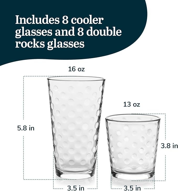 Libbey Awa Tumbler and Rock Glasses Drinking Set, Elegant Polka Dot Drinking Glasses Set of 16, All Purpose Glass Cups Set for Events and Everyday Use