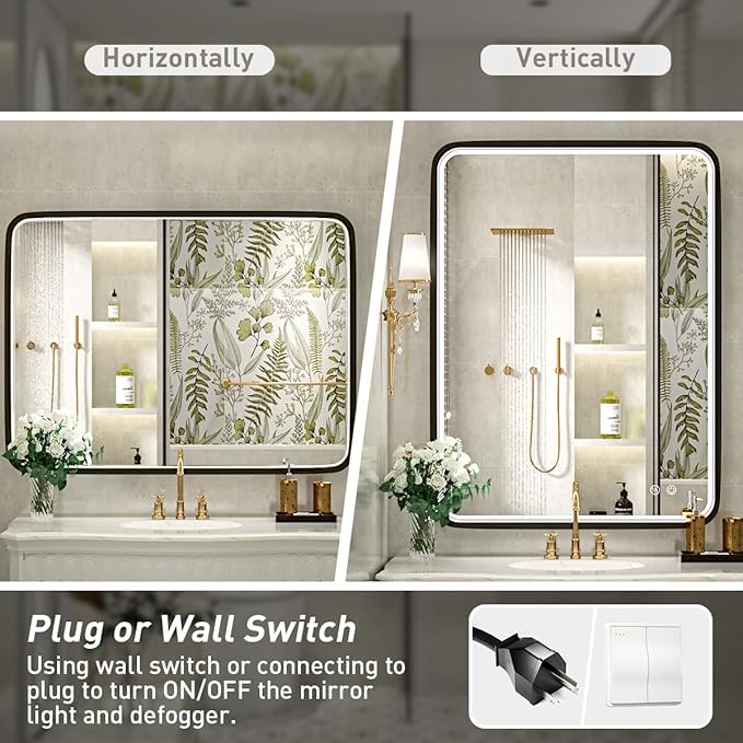 36x28 Inch LED Bathroom Mirror with Light,Black Metal Frame Lighted Vanity Mirror, Anti Fog Design&Dimmable&Touch Switch,Large Wall Mounted Makeup Mirror (Horizontal/Vertical)