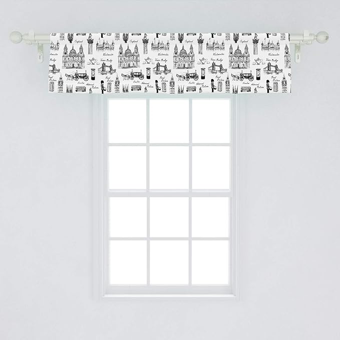 Lunarable Sketch Window Valance, Famous Architectural Monuments and of England Historical London Travel, Curtain Valance for Kitchen Bedroom Decor with Rod Pocket, 54" X 12", Charcoal Black
