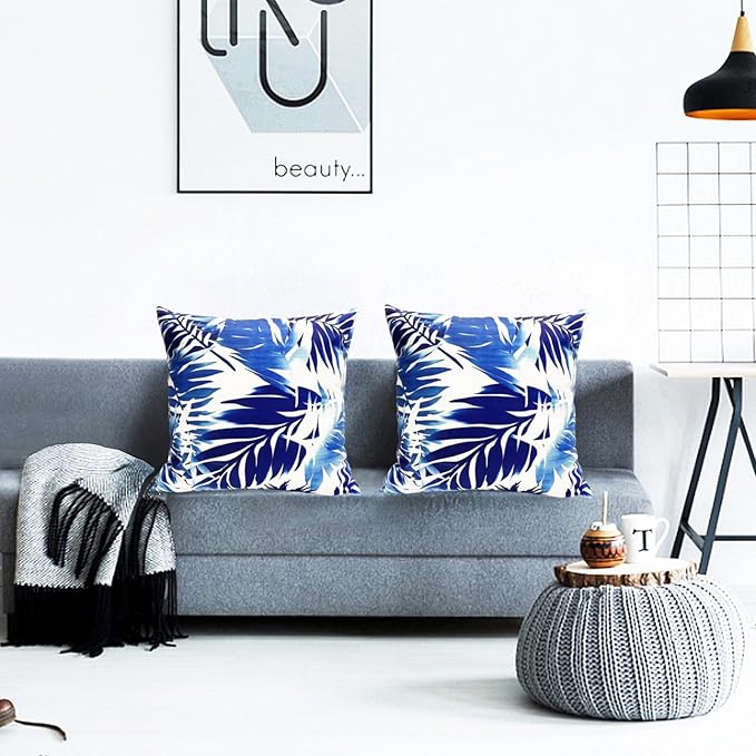 Decorative Throw Pillow Covers Set of 2 Blue Leaves of Tropical Pillow Covers 20x20 inch Soft Short Plush Square Throw Pillows,Farmhouse Outdoor Pillow Covers for Couch Sofa Living Room