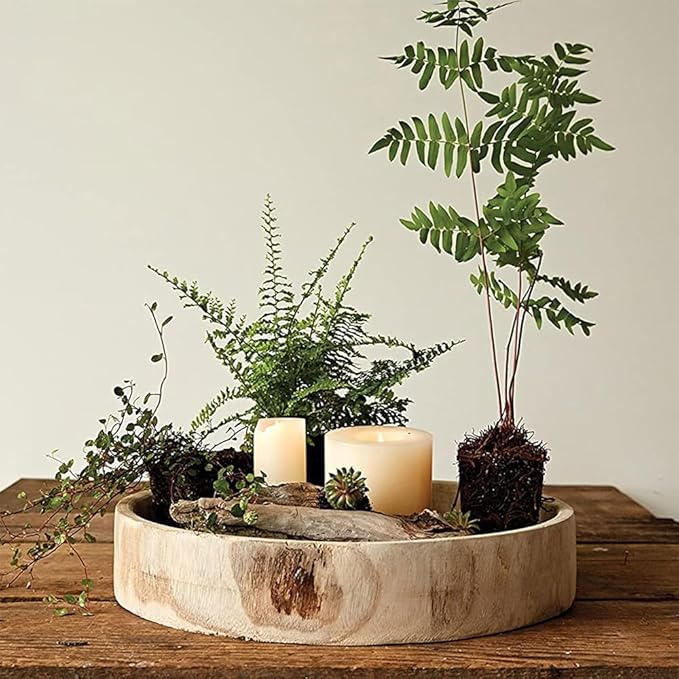 12.6" Wooden Round Hand-Carved Tray and A Wood Bead Tassel String Decorative Centerpiece Paulownia Real Wood Serving Trays Wedding Farmhouse Decoration,Natural
