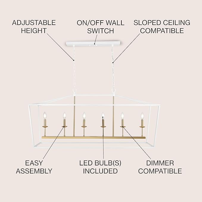 JONATHAN Y JYL7439E Pagoda 49" 6 Light Linear Classic Traditional Metal LED Pendant Farmhouse Dining Room Living Room Kitchen Foyer Bedroom Hallway, 49 in, White/Brass Gold