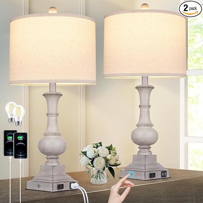 26" Farmhouse Table Lamps Set of 2, Rustic Touch Control Bedside Lamps with 2 USB Ports & AC Outlet, Vintage Resin 3-Way Dimmable Nightstand Lamp Linen Fabric Shade for Living Room Bedroom Decor Gray