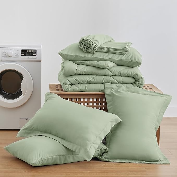 Love's cabin King Size Comforter Set Sage, 7 Pieces King Bed in a Bag, All Season Bedding Sets with 1 Comforter, 1 Flat Sheet, 1 Fitted Sheet, 2 Pillowcase and 2 Pillow Sham