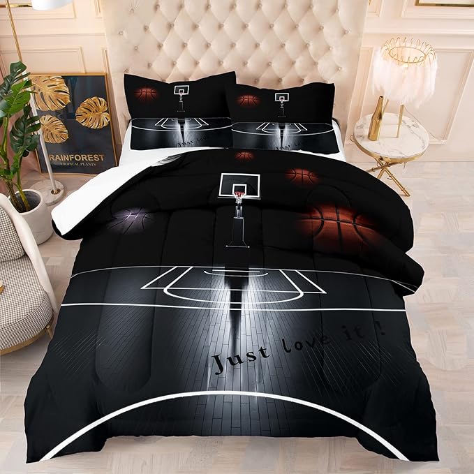 Tailor Shop Sports Basketball Comforter Set for Boys Teens Men Black Basketball Court Comforter Basketball Quilt Bedding Set Soft Lightweight Microfiber King Size with 1 Comforter 2 Pillowcases