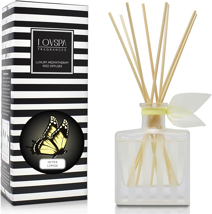 LOVSPA Reed Diffuser Set, Meyer Lemon Scented Oil Diffuser with Sticks, Home Fragrance Accessories for Bathroom Shelf Decor, Aroma Diffusers for Home or Office Desk, USA Made