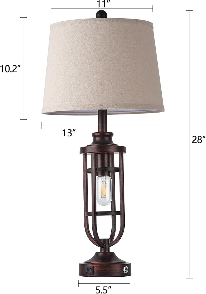 28" Table Lamps for Living Room Set of 2, Farmhouse Bedroom Lamps for Nightstand with USB A+C, Rustic Bedside Lamps for End Tables, Bulbs Included