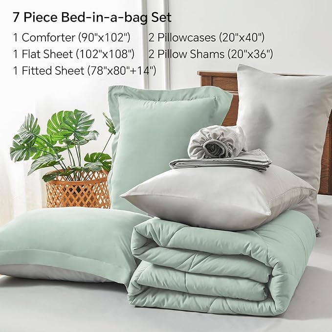 BEDELITE King Size Comforter Set 7 Pieces Bed in A Bag - Soft Microfiber Reversible Sage Green Bed Set with Comforters, Sheets, Pillowcases & Shams, Cozy Luxury Bedding Sets for All Season