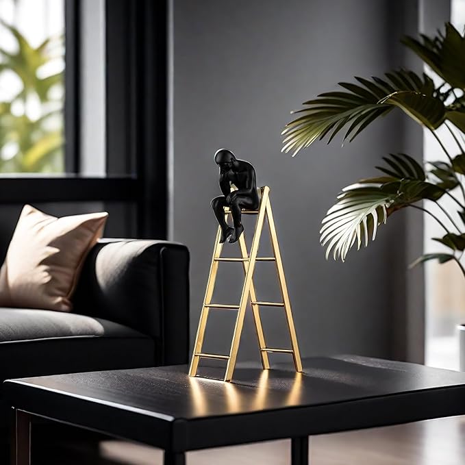 FUNSXBUG The Thinker Statue Thinking Man Statues Sitting on a Ladder Sculptures Collectible Figurine Home Decor Living Room Decoration (Small)