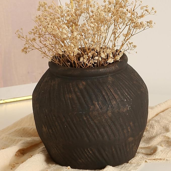 Farmhouse Ceramic Vase - Black Rustic Vintage Flower Vase for Home, Living Room, Shelf and Dining Table Decor - 7IN