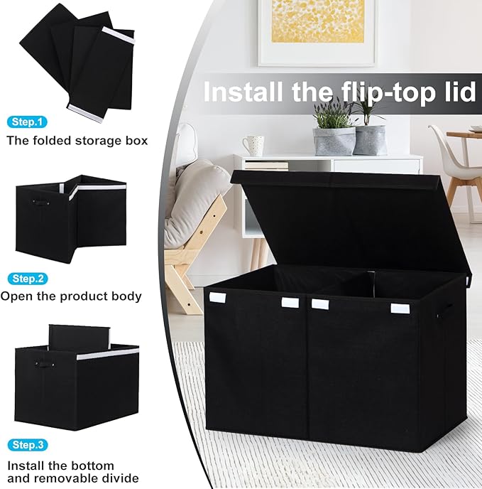 popoly 122L Large Toy Box Chest with Lid, Foldable Toy Storage Organizer Bin Boxes with Removable Divider for Kids, Boys, Girls, Nursery, Playroom, 26"x17" x17"(Linen Black)