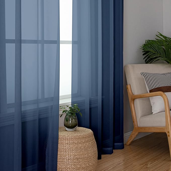 Aiyufeng Sheer Navy Blue Curtains 108 inch Length 2 Panels Set, Airy Soft-Touching Rod Pocket Voile Drapes for Living Room/Bedroom, Each 40W x 108L