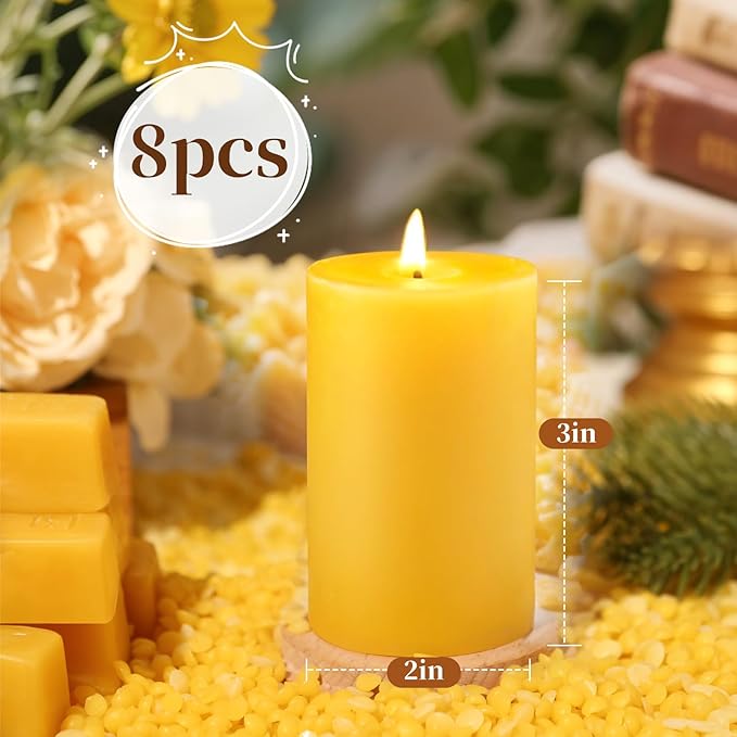 8 Packs Natural Beeswax Pillar Candles, 2x3in Organic Pillar Candles-256 Hours Pure Beeswax Candles Long Burning Time Smokeless Dripless Bees Wax Candle for Home Paryer Relax