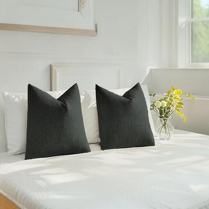 HAUSSY Black Throw Pillow Covers 20x20 Inch Set of 2,Boho Decorative Faux Linen Throw Pillows Cozy Farmhouse Accent Cushion Covers,Home Decor for Couch Sofa Bed Living Room