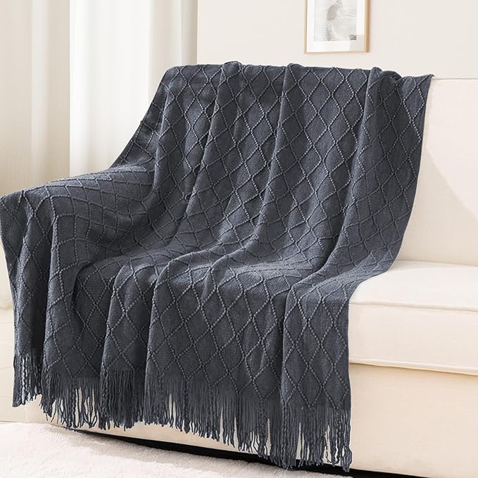 inhand Knit Graphite Grey Throw Blanket for Couch, Soft Living Room Home Decor Knitted Twin Size Blanket, Outdoor Lightweight Breathable Summer Blanket, Farmhouse Warm Woven Decorative, 60"x80"