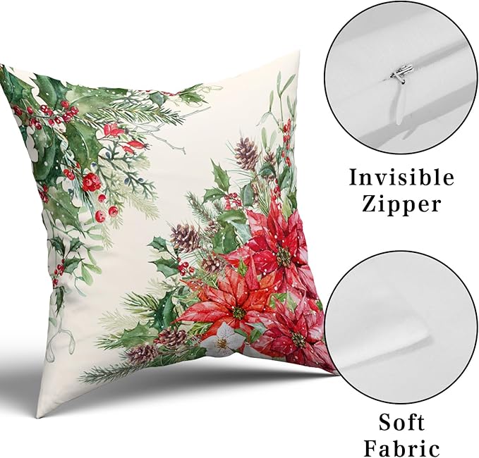 Giwawa Poinsettia Throw Pillow Covers Set of 2, 16"x16" Christmas Holly Berries Pine Cones Winter Red Floral Decorative Square Pillow Cases, Soft Cotton Cushion Covers for Sofa Porch Bedding Decor