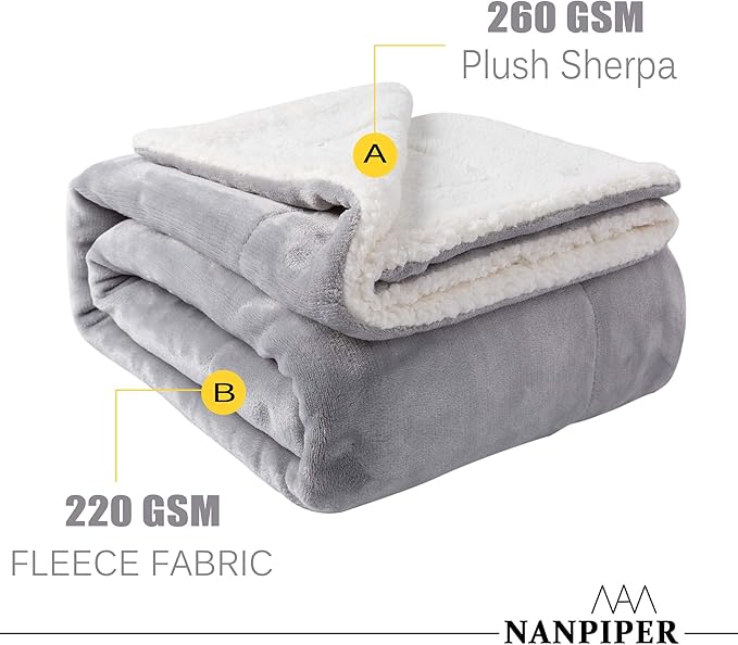 NANPIPER Sherpa Blanket Twin Thick Warm Blankets for Winter Bed Super Soft Fuzzy Flannel Fleece/Wool Like Reversible Velvet Plush Fabric(Light Grey Twin Size 60"x80")