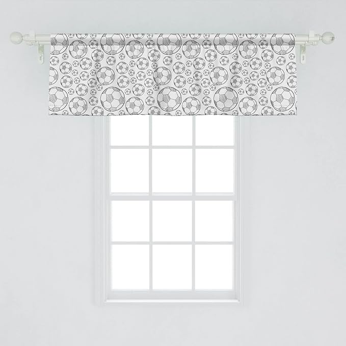 Lunarable Soccer Window Valance Pack of 2, Monochrome Sketch Composition Sports Themed Illustration Simplistic Design, Rod Pocket Curtain Valances for Kitchen Bedroom, 54" X 18", White Black