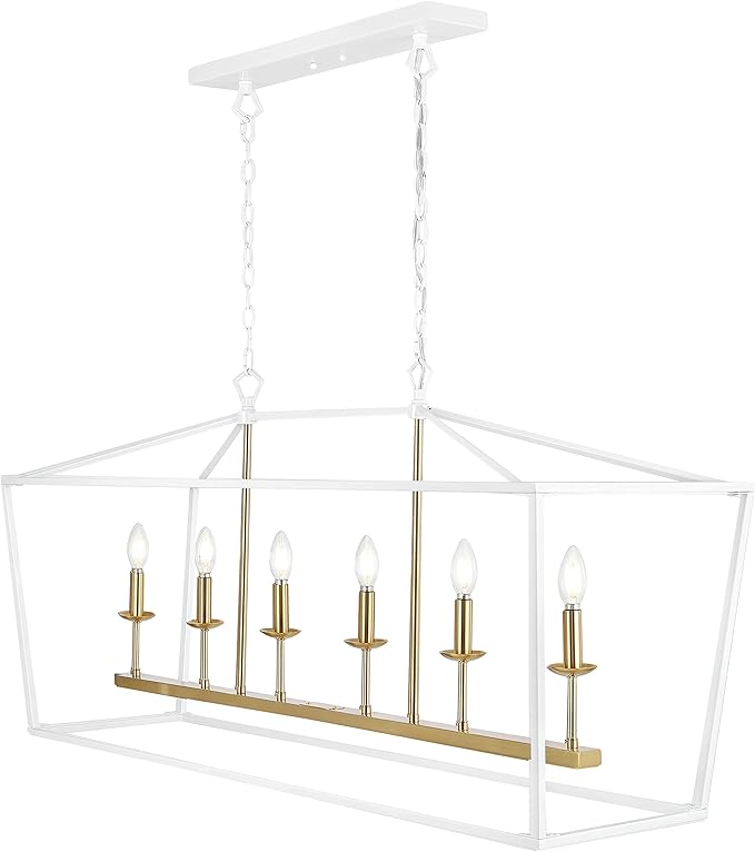JONATHAN Y JYL7439E Pagoda 49" 6 Light Linear Classic Traditional Metal LED Pendant Farmhouse Dining Room Living Room Kitchen Foyer Bedroom Hallway, 49 in, White/Brass Gold