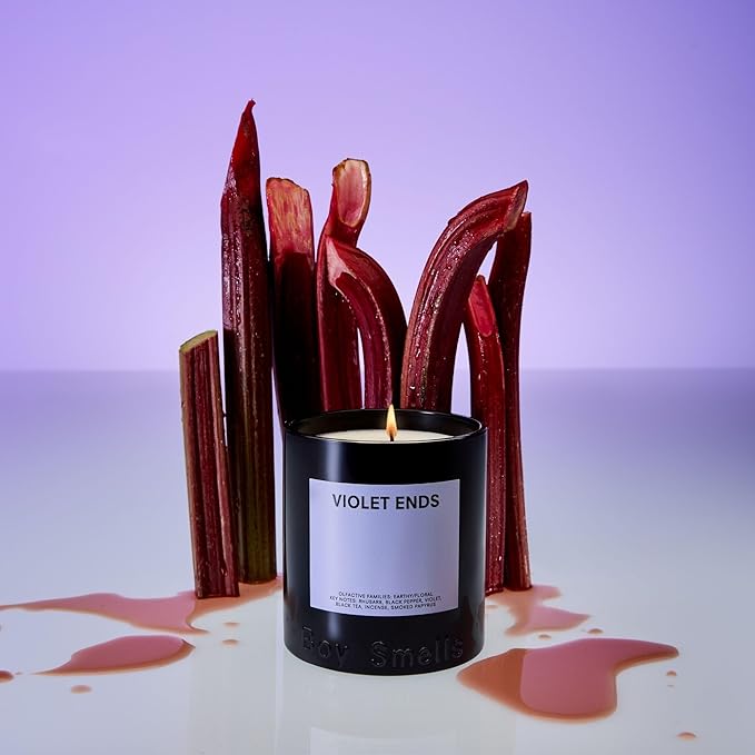 Boy Smells Violet Ends Candle - 8.5 oz - Aromatic Candle for Home with Rhubarb, Violet and Smoked Papyrus - Up to 50-Hour Burn - Cotton Wick