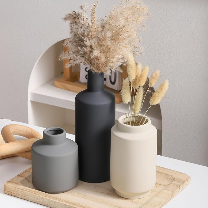 Ceramic Vase Set of 3, Modern Decorative Vases for Home Decor, Small Flower Pottery Vase Sets, Boho Farmhouse Rustic Vases for Living Room, Kitchen, Bedroom, Bathroom, Shelf, Table
