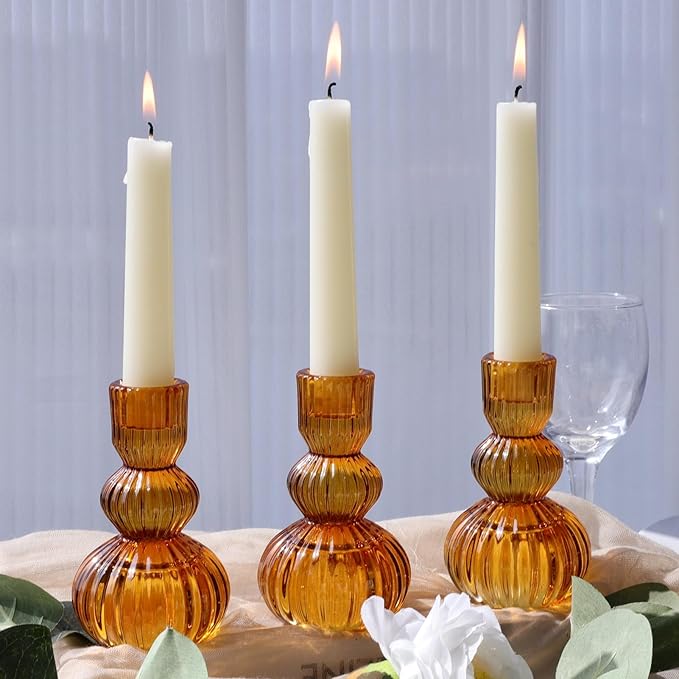 Woho Amber Candlestick Holders Set of 6 4.3" H for Thanksgiving/Fall Decorations, Ribbed Glass Taper Candle Holders Halloween Table Centerpiece, Vintage Candle Sticks Holder Decor for Boho Home Decor