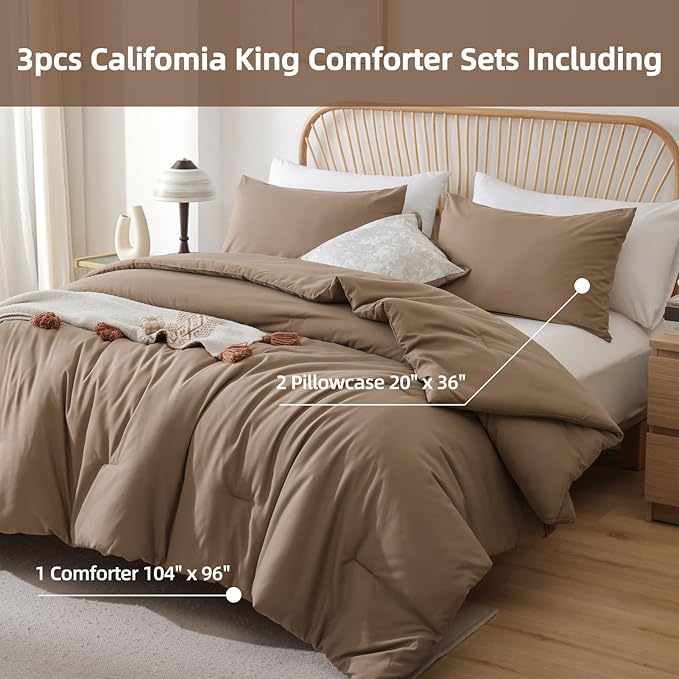ROSGONIA Oversized King Comforter 128x120, 3pcs Super King Plus Comforter (1 Dark Khaki Comforter & 2 Pillowcases) Lightweight Oversized King Bedding Set Quilt