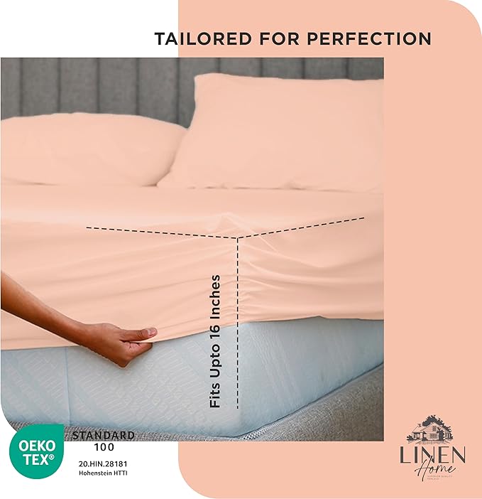 Linen Home 100% Cotton Percale Weave Fitted Sheet, Twin XL Size, Tropical Peach, 1 Deep Pocket Fitted Sheet, Fits Mattress Upto 16" Crisp and Cool Strong Bed Linen, 39"X80"+15"