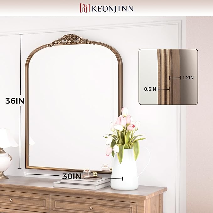 Keonjinn Gold Vintage Mirror 30" x 36", Antique Brass Mirrors for Wall Decor, Arched Decorative Mirror for Mantle, Hallway, Living Room, Fireplace, Bedroom, Bathroom Mirror with French Cleat Mounting