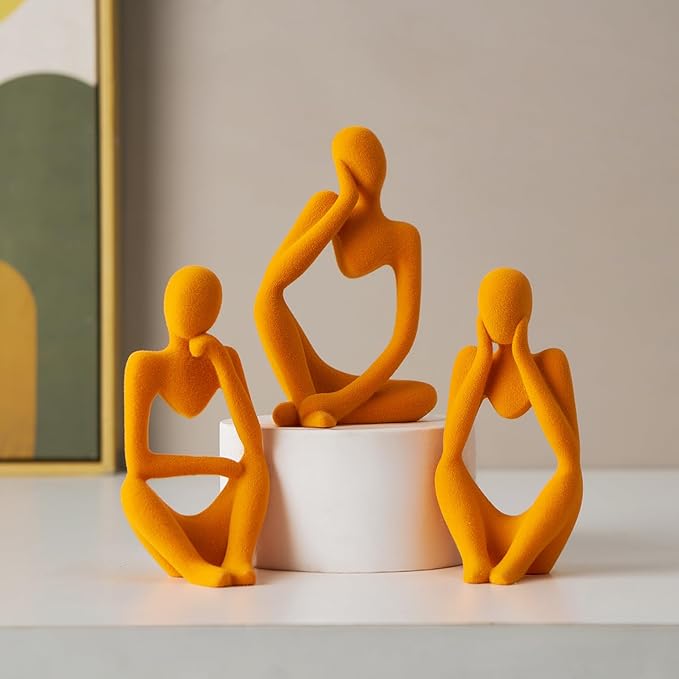 FJS Thinker Statue Shelf Decor - Velvet Collectible Figurines Living Room Decor, Modern Sculptures Home Decorations for Bookshelf Coffee Table Office (Orange Velvet)