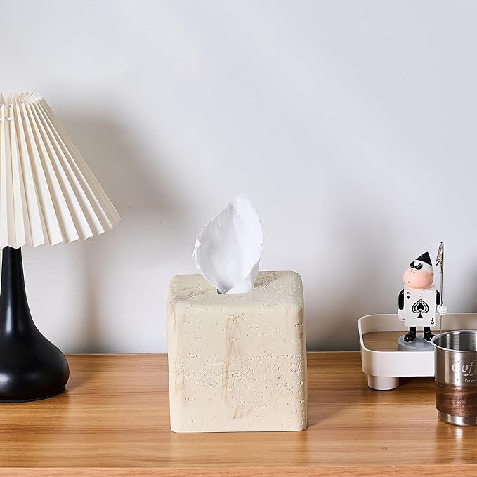 Natural Travertine Textures Tissue Box Cover Square for Home Decor,Resin Heavy Tissue Box Holder for Bathroom Countertop,Tabletop,Bedside Table,Office (Handmade of Resin)