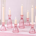 LAMORGIFT Pink Candle Holder Set of 6-4pcs 3.5"& 2pcs 6" Assorted Glass Pink Candlesticks Holder for Wedding Decor, Ribbed Taper Candle Holders Bulk for Bridal Shower, Home Table Centerpieces