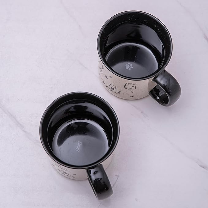 AmorArc 22 OZ Large Ceramic Coffee Mugs Set of 2, Oversized Mugs With Big Handle for Men Women Dad Mom, Big Mug With Textured Dogs Cats Patterns for Office & Home -Microwave Safe, 2 Pcs-Black