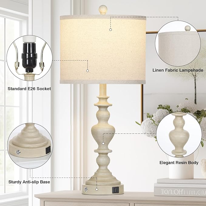 27" Farmhouse Lamps Set of 2 with USB C+A Charging Ports, Vintage Rustic Touch Control Table Lamp for Living Room, 3-Way Dimmable Traditional Nightstand Bedside Lamp for Bedroom Resin Washed Beige