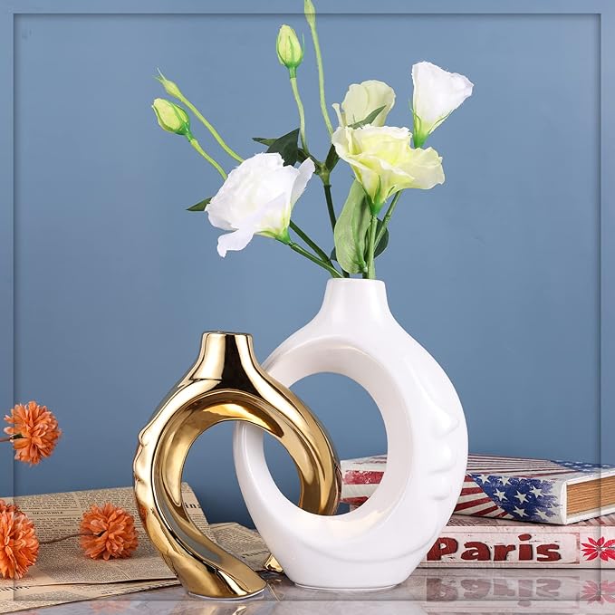 White Gold Ceramic Decorative Vase Home Decor, White and Gold Vase Set of 2, Pampas Grass Decorative Vase, Coffee Table Vase, Entryway Table Decor (White Gold)
