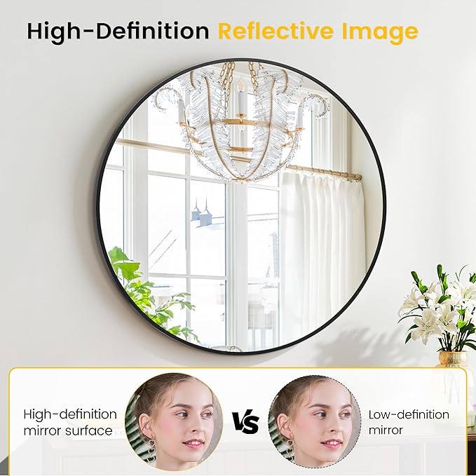 20 Inch Black Round Wall Mirror, Circle Mirror Metal Frame for Bathroom, Vanity, Entryway, Bedroom, Living Room, Wall Mounted Modern Rustic Decor