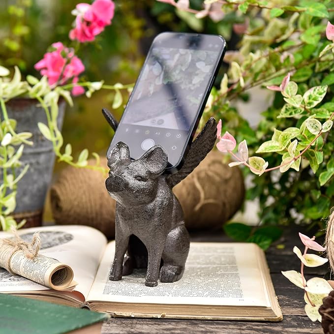 Sungmor Cast Iron Flying Pig Statue, Whimsical Sitting Pig Garden Decorative Statue, Rustic Black Brown Home Office Desk Paperweight Doorstop, Cute Collectible Figurine Bookshelf Ornament