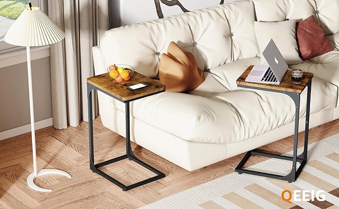 QEEIG C Table Side Table Set of 2 Living Room Sets C Shaped Couch Tray End Tables Farmhouse, Rustic Brown (017-30BN)