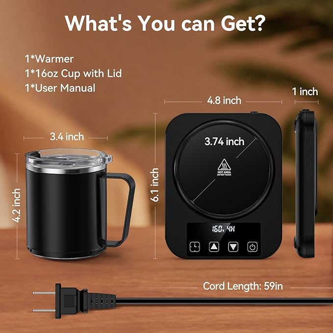 Coffee Mug Warmer & Mug Set for Desk, 36W Electric Coffee Cup Warmer with 16oz Cup, 9 Temp Settings Auto Shut Off Heated Mug Plate for Home Office Desk Accessories, Gifts for Coffee Lovers, Black