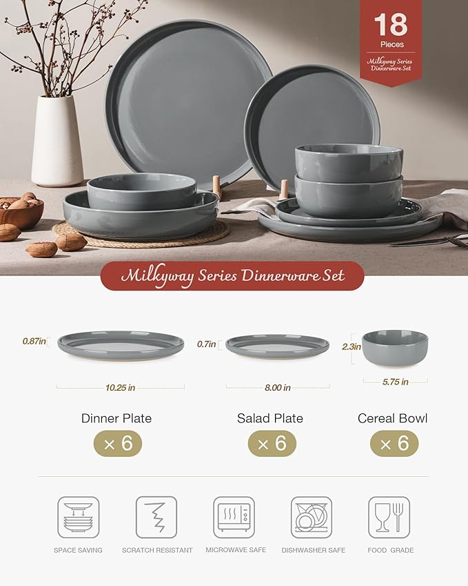 Famiware Milkyway Plates and Bowls Set, 18 Pieces Dinnerware Sets, Dishes Set for 6, Dark Gray