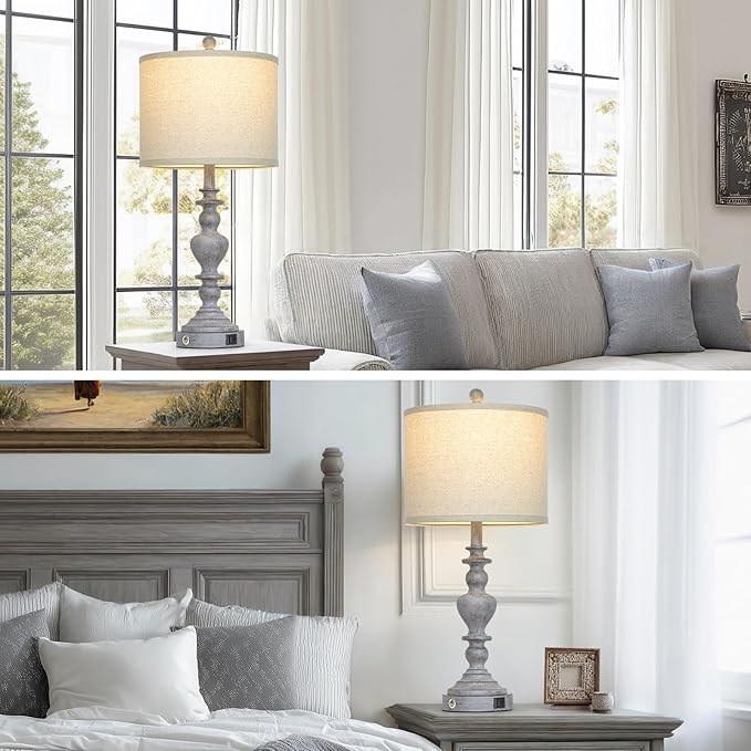 27" Tall Table Lamps for Living Room, 3-Way Dimmable Touch Control Farmhouse Vintage Table Lamps Set of 2 with USB C+A Ports and AC Outlets, Rustic Bedside Nightstand Lamp for Bedrooms Office Grey